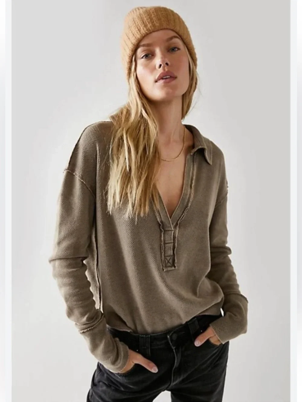 FREE PEOPLE Anakin Thermal Slouchy Henley Shirt Cobra Green Medium